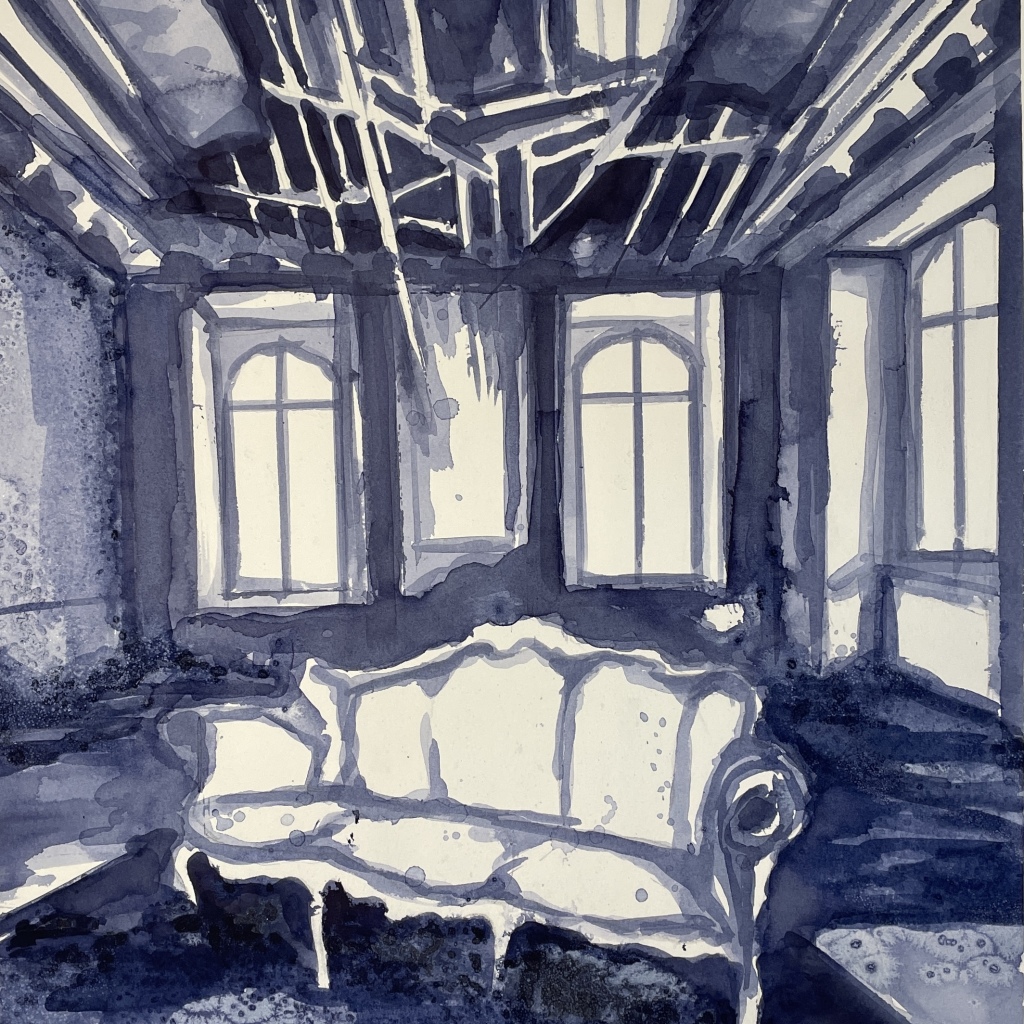 THE BLUE ROOM 2, blå indian ink, 70x50 cm, blå indramning i museumsglas, 2024