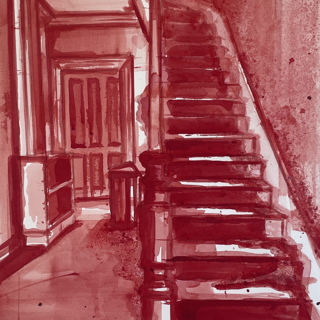 THE RED ROOM 6, rød indian ink, 70x50 cm, rød indramning i museumsglas, 2024