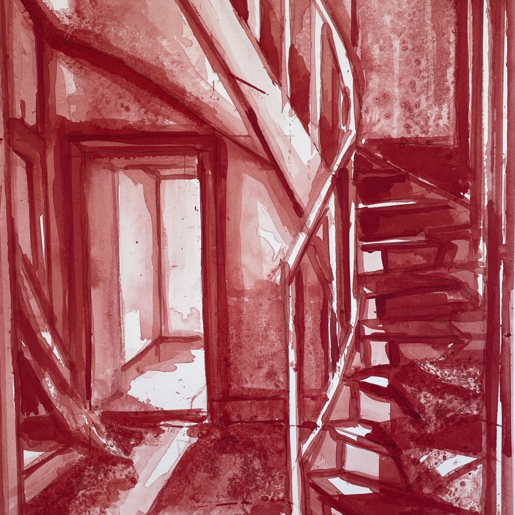 THE RED ROOM 4, rød indian ink, 70x50 cm, rød indramning i museumsglas, 2024