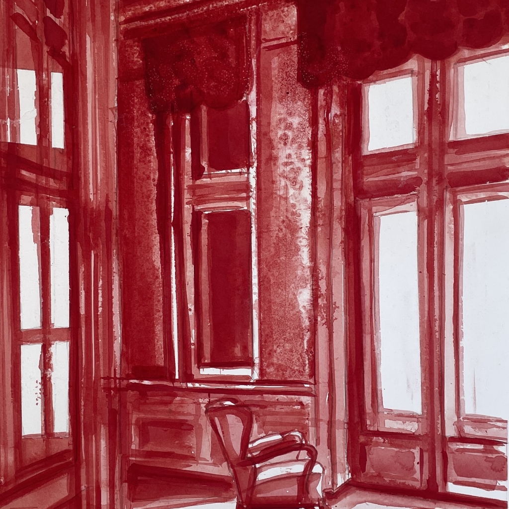 THE RED ROOM 5, rød indian ink, 70x50 cm, rød indramning i museumsglas, 2024